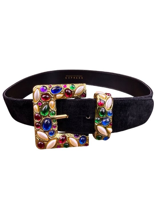 Express Womens Black Leather Belt Gold Jeweled Buckle Sz M main image 6